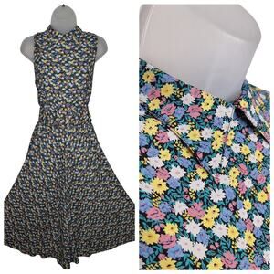VTG 90s E.D. Michaels Maxi Dress Ditsy Floral Sleeveless Large Peter Pan Belted